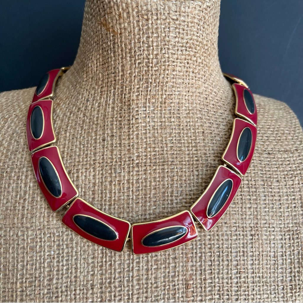 Vintage Monet Red And Black Enamel Necklace.
